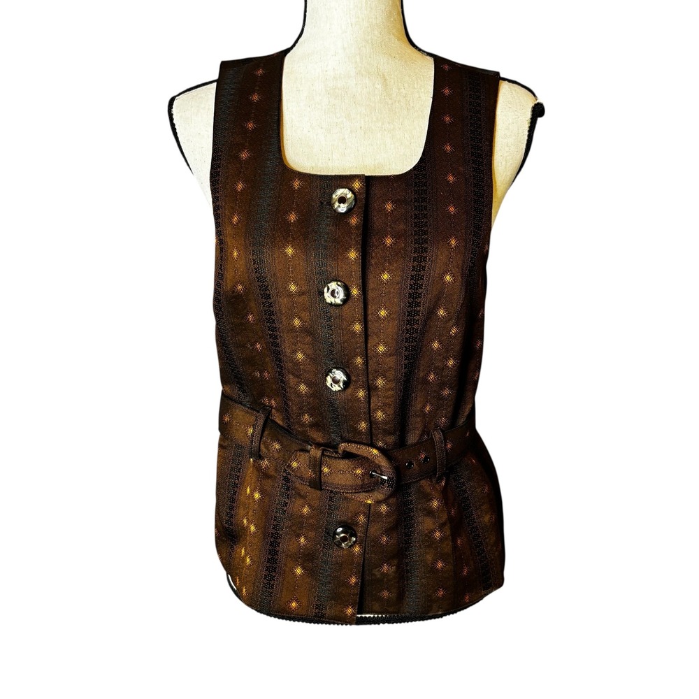 Vintage Liza Lynn LTD Vest Brown Sleeveless Square Neck Button Up Belted Size M